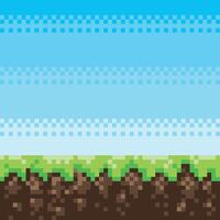 Pixel art game scene with ground, grass, trees, sky, clouds, character, coins, treasure chests and 8-bit heart vector