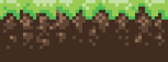 Pixel art game scene with ground, grass, trees, sky, clouds, character, coins, treasure chests and 8-bit heart vector