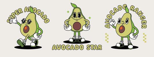 aguacate retro mascota con mano y pie. Fruta retro dibujos animados pegatinas con gracioso cómic caracteres y enguantado manos. vector