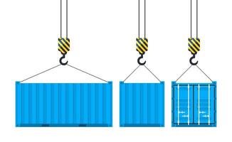 Cargo container hanging on a crane hook. Port crane. Worldwide delivery. Vector illustration