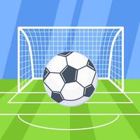 Soccer ball on green field in front of goal post. Vector illustration