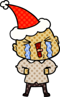 hand drawn comic book style illustration of a crying bald man wearing santa hat png
