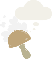 cartoon mushroom with spore cloud with thought bubble in retro style png