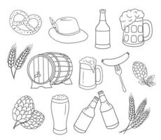 Mug of beer with foam and bottles, wooden barrel and snack. Glass mug with drink. Outline doodles set isolated on white background. vector