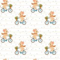 Seamless hand drawn pattern with stylized cute mouse character riding bike with basket. Vector cartoon endless pattern for textiles or fabric for newborns.