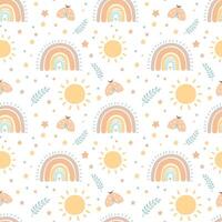 Bohemian baby pattern on white background. Seamless pattern in boho style with moth, sun and rainbow for textiles or fabric for newborns vector