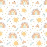 Bohemian baby pattern on white background. Seamless pattern in boho style with moth, sun and rainbow for textiles or fabric for newborns vector