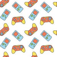 Seamless pattern with cartoon joystick and gamepad . Electronic game on white vector