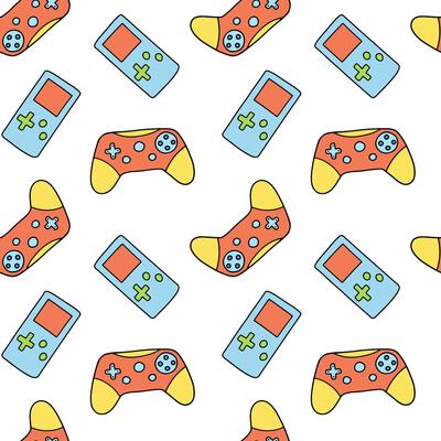 Seamless pattern with cartoon joystick and gamepad . Electronic game on white
