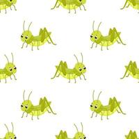 Seamless simple pattern with cute smiling grasshopper isolated on white background. Funny insect for kids. Flat cartoon vector illustration