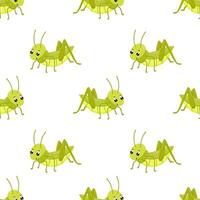 Seamless simple pattern with cute smiling grasshopper isolated on white background. Funny insect for kids. Flat cartoon vector illustration