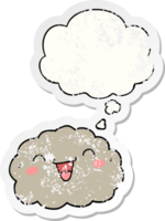 happy cartoon cloud with thought bubble as a distressed worn sticker png