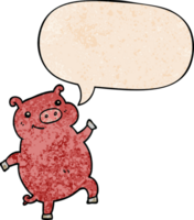 cartoon dancing pig with speech bubble in retro texture style png