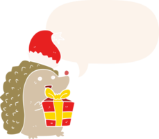 cartoon hedgehog wearing christmas hat with speech bubble in retro style png