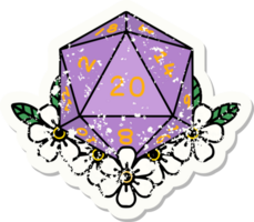 grunge sticker of a natural 20 D20 dice roll with floral elements png