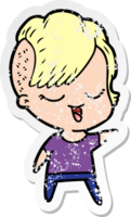 distressed sticker of a happy cartoon girl png