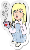 retro distressed sticker of a cartoon woman with cup of coffee png