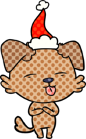 hand drawn comic book style illustration of a dog sticking out tongue wearing santa hat png