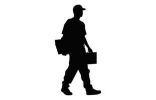 Delivery Man carrying box Silhouette isolated on a white background, Courier Service Carry a package black Vector