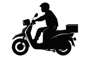 mensajero hombre que lleva paquete en moto silueta, entrega hombres llevar un caja negro vector