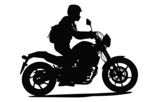 hombre montando motocicleta silueta vector negro y blanco aislado en un blanco antecedentes