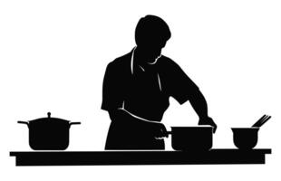 Men preparing food in kitchen black Clipart, Man Cooking Silhouette Vector isolated on a white background