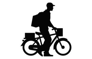 mensajero hombre que lleva paquete en ciclo silueta, entrega hombres llevar un caja negro vector
