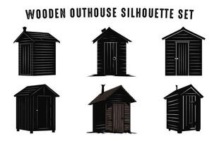 Wooden old outhouse silhouette set, Old wooden toilet black vector, Village restroom silhouettes bundle vector