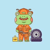 Cute frog  mechanic with tool at workshop cartoon animal character mascot icon flat style illustration concept vector