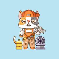 Cute cat mechanic with tool at workshop cartoon animal character mascot icon flat style illustration concept vector