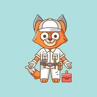 Cute fox  mechanic with tool at workshop cartoon animal character mascot icon flat style illustration concept vector