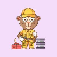 Cute monkey mechanic with tool at workshop cartoon animal character mascot icon flat style illustration concept vector