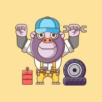 Cute gorilla mechanic with tool at workshop cartoon animal character mascot icon flat style illustration concept vector