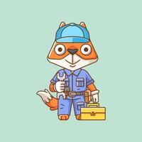 Cute fox  mechanic with tool at workshop cartoon animal character mascot icon flat style illustration concept vector