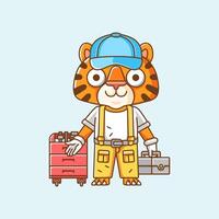 Cute tiger mechanic with tool at workshop cartoon animal character mascot icon flat style illustration concept vector