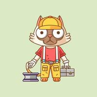 Cute cat mechanic with tool at workshop cartoon animal character mascot icon flat style illustration concept vector