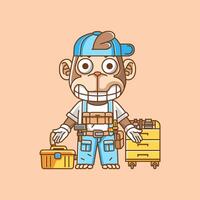 Cute monkey mechanic with tool at workshop cartoon animal character mascot icon flat style illustration concept vector