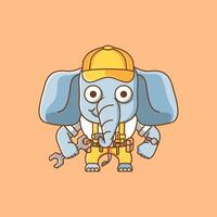 Cute elephant  mechanic with tool at workshop cartoon animal character mascot icon flat style illustration concept vector