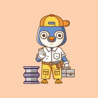 Cute penguin mechanic with tool at workshop cartoon animal character mascot icon flat style illustration concept vector