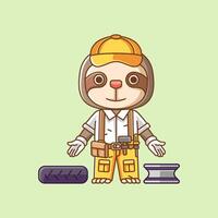 Cute Sloth mechanic with tool at workshop cartoon animal character mascot icon flat style illustration concept vector