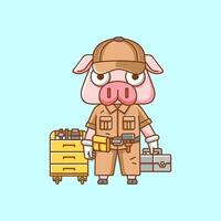 Cute pig mechanic with tool at workshop cartoon animal character mascot icon flat style illustration concept vector