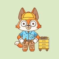 Cute fox  mechanic with tool at workshop cartoon animal character mascot icon flat style illustration concept vector