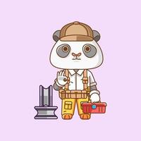 Cute panda mechanic with tool at workshop cartoon animal character mascot icon flat style illustration concept vector