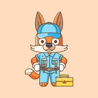 Cute fox  mechanic with tool at workshop cartoon animal character mascot icon flat style illustration concept vector