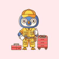 Cute penguin mechanic with tool at workshop cartoon animal character mascot icon flat style illustration concept vector