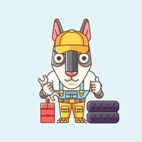 Cute dog mechanic with tool at workshop cartoon animal character mascot icon flat style illustration concept vector