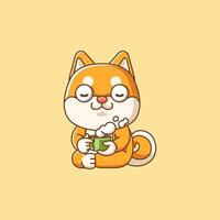 Cute shiba inu dog relax with a cup of coffee cartoon animal character mascot icon flat style illustration concept vector