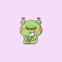 Cute frog relax with a cup of coffee cartoon animal character mascot icon flat style illustration concept vector