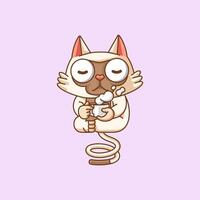 Cute cat relax with a cup of coffee cartoon animal character mascot icon flat style illustration concept vector