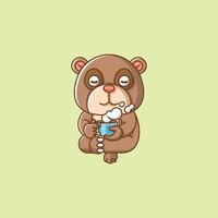 Cute bear relax with a cup of coffee cartoon animal character mascot icon flat style illustration concept vector